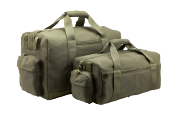 Two khaki duffel bags isolated on transparent background