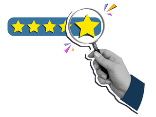 Hand with a magnifying glass look at the fifth star in a row. User experience. Service rating. Modern collage style. Illustration on transparent background