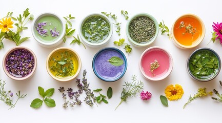 Colorful herbal tea cups with flowers and leaves arranged on white background representing wellness, natural ingredients, detox and healthy lifestyle
