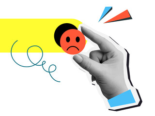 Plakat User experience - the hand chooses the sad red emoji. Service rating. Illustration on transparent background in a modern collage style