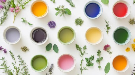 Colorful natural dyes in ceramic bowls with herbs and flowers – ideal for eco-friendly design, botanical branding, artisan crafts, or organic skincare visuals