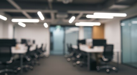 Fototapeta premium Blurred Office Interior Modern Workplace With Tables and Chairs Photo