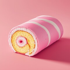 Colorful pink and yellow Swiss roll cake on pastel background – ideal for dessert menus, bakery ads, food blogs, or birthday party invitations