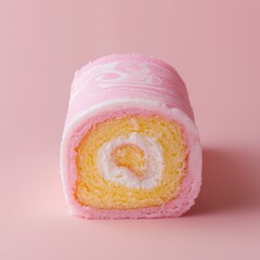 Pink Swiss roll cake on pastel background showcasing dessert elegance, sweetness and playful food styling for bakery and celebration use