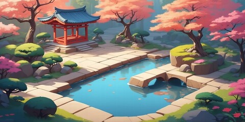 Tranquil Zen garden with pond and cherry blossom trees  