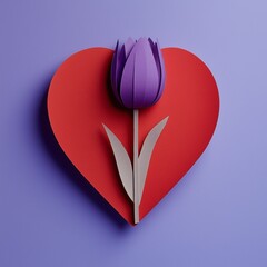 Purple tulip mounted on a red heart shape against a lavender backdrop – perfect for Valentine’s Day cards, romantic product packaging, floral-themed social media posts, and wedding stationery