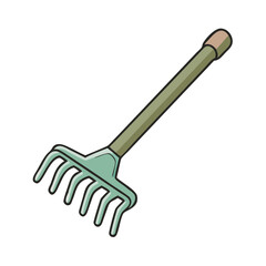 Illustration of a green garden rake with long handle and multiple tines