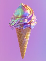 Holographic rainbow ice cream cone on pastel purple background