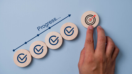 Checklist and task progress tracking concept.  Wooden block handles marked cheap in progress bar, ...