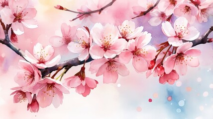 Obraz premium Watercolor of cherry blossoms highlighted against a bokeh background.