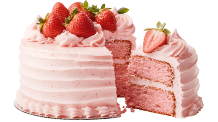 Layered pink cake slice adorned with strawberries and cream cheese frosting presented on a plate.