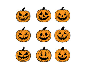 Halloween Pumpkin Vector Set - Pumpkin Patch, Spooky, Pumpkin Clipart, Scary, Cute Jack-o'-Lantern Faces for Halloween, Party Decorations and Autumn Designs.