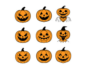 Halloween Pumpkin Vector Set - Pumpkin Patch, Spooky, Pumpkin Clipart, Scary, Cute Jack-o'-Lantern Faces for Halloween, Party Decorations and Autumn Designs.