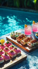 Gourmet summer snacks and pink cocktails by the pool – tropical outdoor brunch vibes