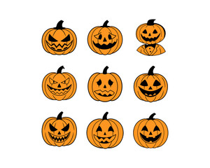 Halloween Pumpkin Vector Set - Pumpkin Patch, Spooky, Pumpkin Clipart, Scary, Cute Jack-o'-Lantern Faces for Halloween, Party Decorations and Autumn Designs.