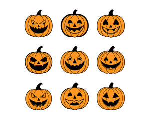 Halloween Pumpkin Vector Set - Pumpkin Patch, Spooky, Pumpkin Clipart, Scary, Cute Jack-o'-Lantern Faces for Halloween, Party Decorations and Autumn Designs.