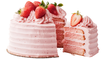 Layered pink cake slice adorned with strawberries and cream cheese frosting presented on a plate.