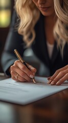 Businesswoman signing official contract with elegant pen – legal document approval and executive agreement concept