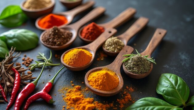 Colorful array of spices in wooden spoons