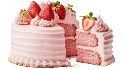 Pink cake with missing slice, butterfly decorations and pink icing on white plate