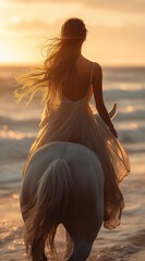 woman riding a white horse along the beach at sunset in a dreamy, cinematic scene, perfect for travel campaigns, storytelling visuals, lifestyle ads, and fantasy themes