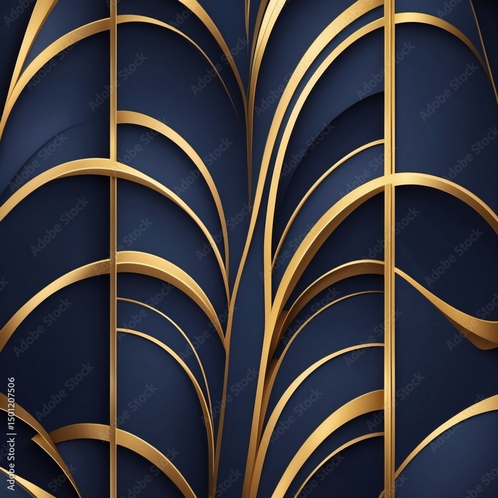 Fototapete Elegant art deco pattern with a navy blue and gold color palette. The design features curved and linear elements arranged symmetrically, creating a luxurious and sophisticated feel