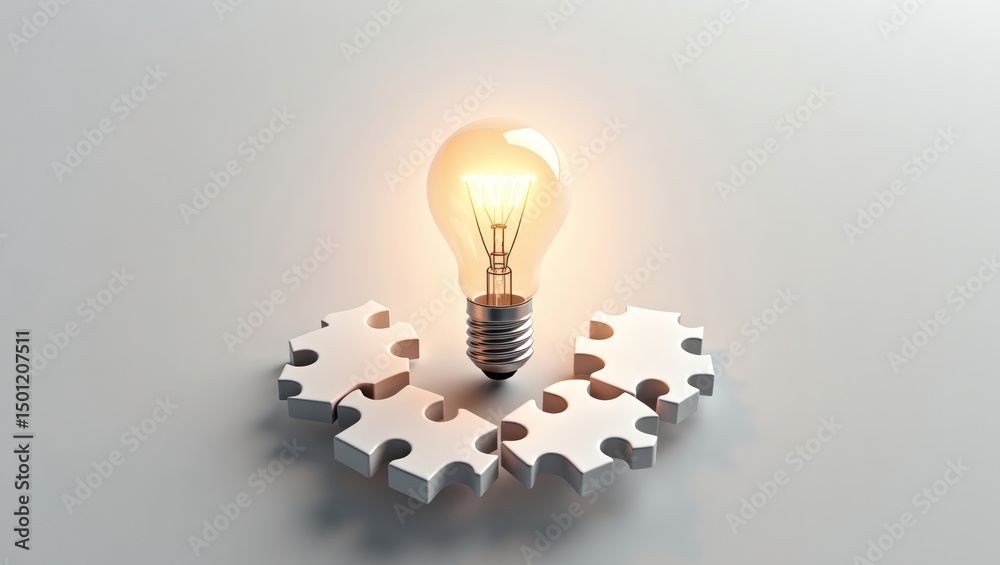 Poster a glowing lightbulb surrounded by puzzle pieces, symbolizing innovation and problem-solving. the sce