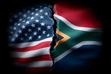 US and South Africa flags are ripped apart, symbolizing the tension or conflict between two countries.