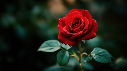 Single red rose garden bloom, dark background, romantic card