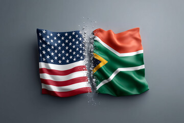 USA and South Africa Flags being torn apart, concept of conflict and separation