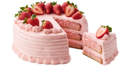 Pink cake with missing slice, butterfly decorations and pink icing on white plate