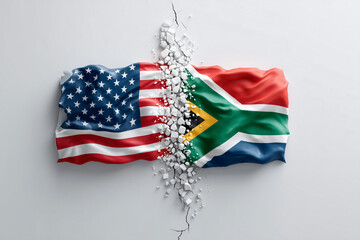 US and South Africa flags breaking apart, symbolizing a rift or conflict between the two nations.