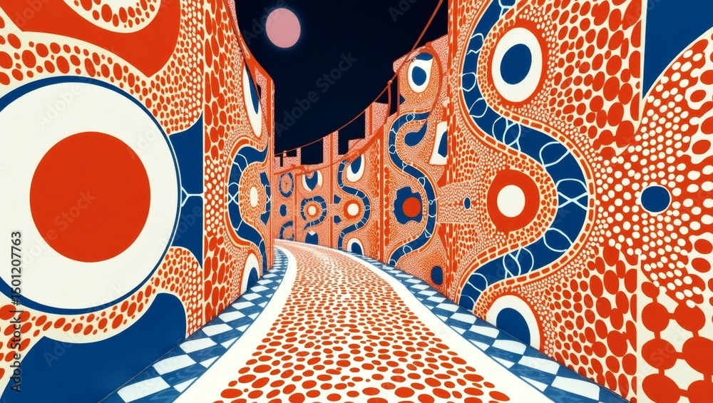 Poster an abstract artwork of a colorful road leading into a vibrant and whimsical landscape filled with in