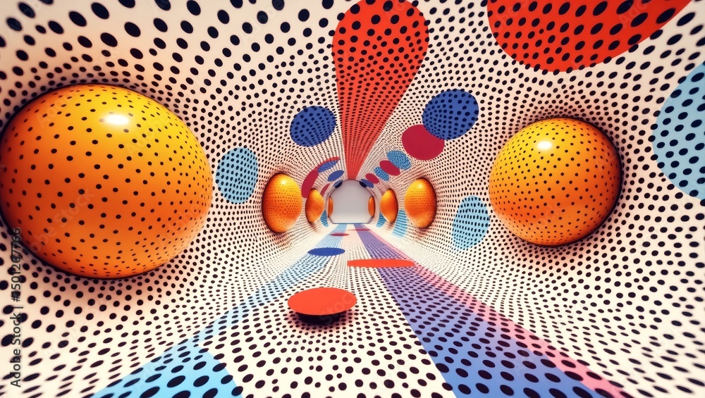 Poster a polka-dot pattern creates a mesmerizing and eye-catching design. The orange orb adding a dynamic visual effect to tunnel design