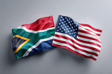 A close-up shot of the waving national flags of the United States and South Africa, with a soft focus background 