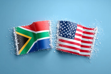 South African and American flags gently waving side by side. The flags appear slightly distressed, creating a unique visual effect.