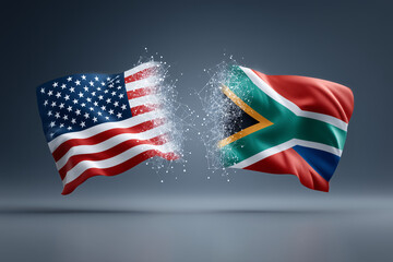 A dynamic image depicting the flags of USA and South Africa undergoing a conceptual transformation or conflict. The flags, with their respective symbols.