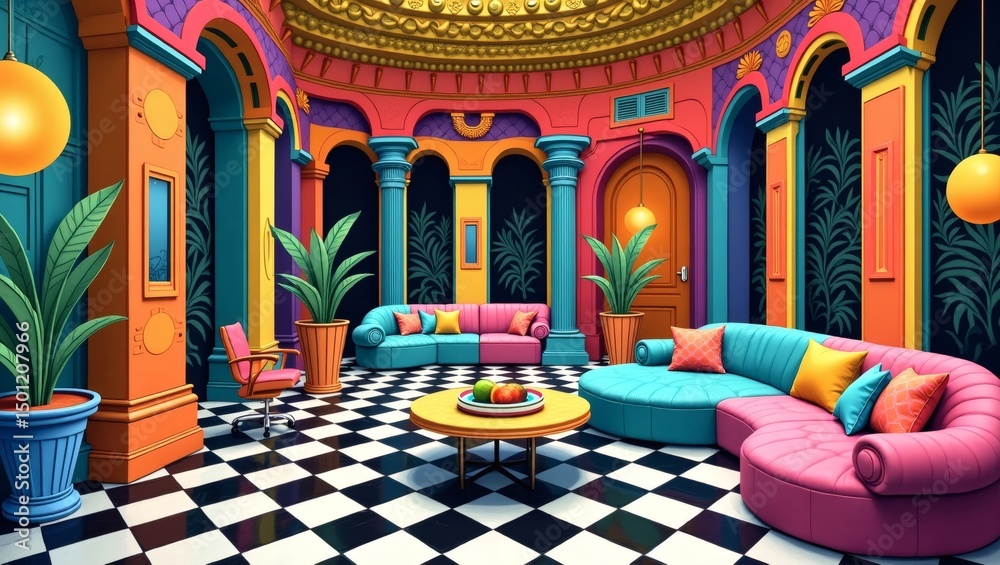 Poster a colorful and surreal interior design with vibrant furniture and unique architectural elements