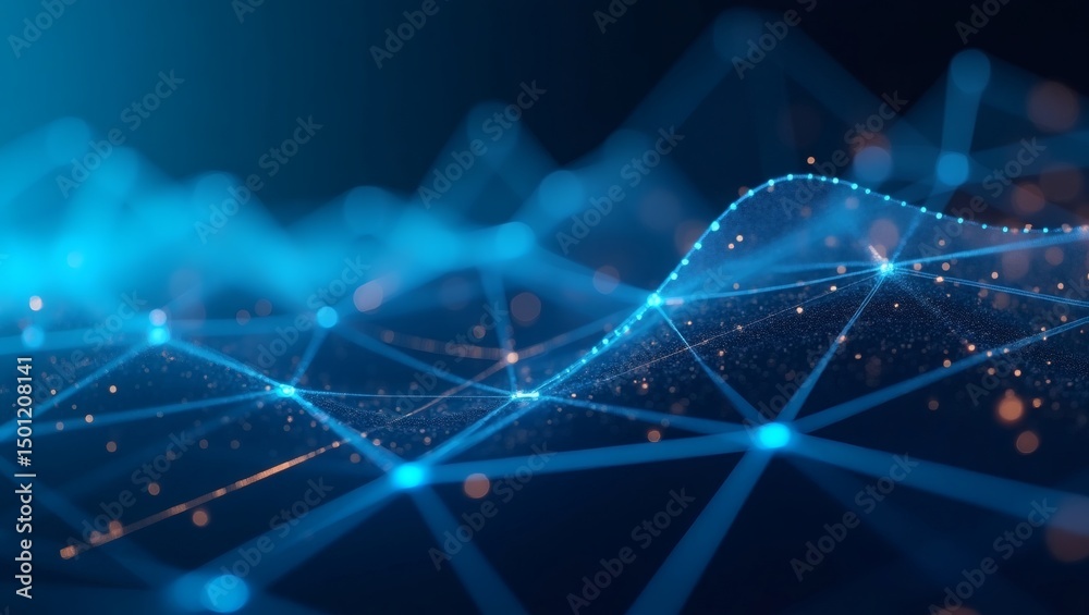Poster abstract digital information in a matrix with a blue neon glow. A vibrant visualization of data flow in a virtual world