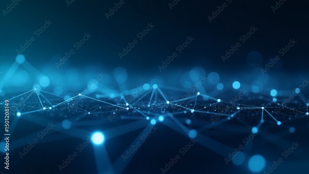 Poster Abstract blue digital network connection. Glowing nodes and lines forming a complex web. Futuristic technology concept.