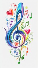 Vibrant treble clef design surrounded by colorful musical notes and hearts