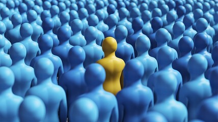 Obraz premium A unique yellow figure stands out amidst a sea of blue figures, symbolizing individuality and diversity.