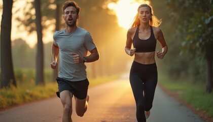 Dynamic duo jogging at sunset