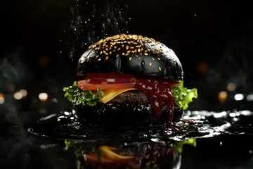 luxury food concept, black burger with gourmet ingredients, sleek food plating, minimal dark background, dramatic culinary vibe