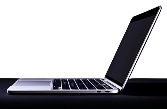 A side view of an open laptop with a gray metallic finish, against a black background. The laptop is positioned at the right edge and leaning slightly toward