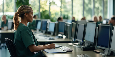 Healthcare professionals in computer training lab, Medical staff learning digital systems, Classroom with nurses on computers  
