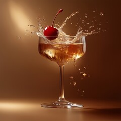 Elegant cocktail glass with cherry splash frozen in motion, luxury bar drink concept for nightlife marketing, celebration visuals, and premium beverage branding