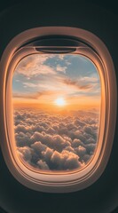 Airplane window view above clouds at golden hour sunset for travel marketing, aviation storytelling, wanderlust visuals, and dreamlike concepts