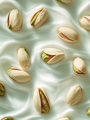 Scattered pistachios on smooth white satin – luxury food background for packaging, wellness brands, and organic snack promotions