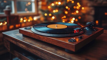 Record player spins, holiday lights blur, creating a cozy, festive atmosphere